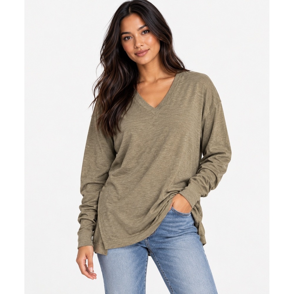 t. Babaton Sweater Wool Linen V-Neck Tunic Minimalist Oversized Tan